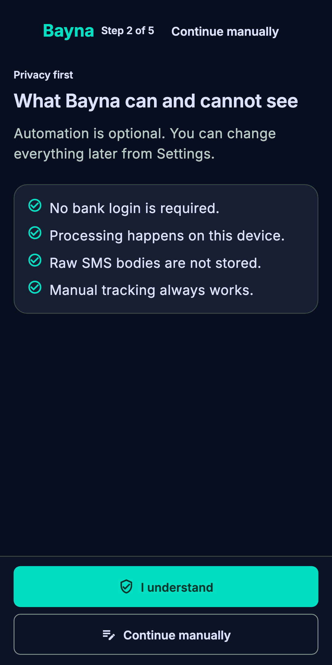 Actual Bayna Flutter privacy setup screen explaining optional automation